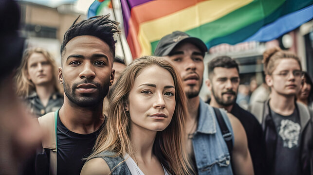 group of diverse people at the gay pride party. Created with AI