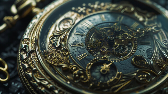 A close-up of a meticulously crafted pocket watch with ornate engravings and delicate hands indicating the time