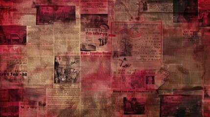 The background is old newspaper clippings in Ruby color