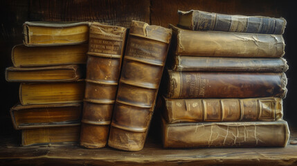 A series of stacked, weathered leather-bound books with cracked spines, revealing years of avid reading