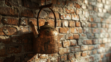 An industrial-style, aged copper kettle hanging on a hook against a textured brick wall
