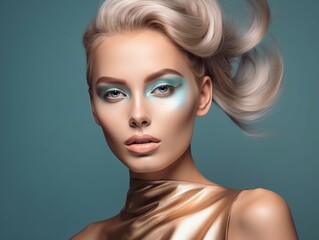 Fototapeta premium Fashion Beauty. Beautiful Woman With hairstyle and Luxury Makeup isolated on color background in studio. Beautiful Girl Face.