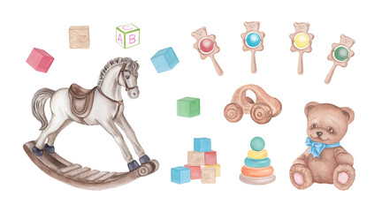 Large set of retro baby toys hand drawn. Watercolour illustration of teddy bear, wooden rocking horses, cars