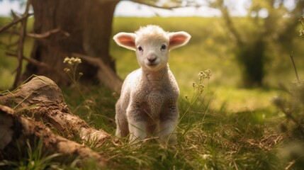 A little lamb is standing in a field. Agricultural industry.
