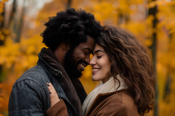 Young adult heterosexual diverse couple in beautiful autumnal nature