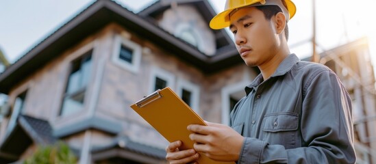 An Asian inspector is examining the structure of a new property and making notes on a clipboard to review and troubleshoot before selling it to a client.