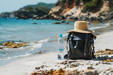 Hipster backpack, bottle of water and straw hat on beach. Active travel concept 