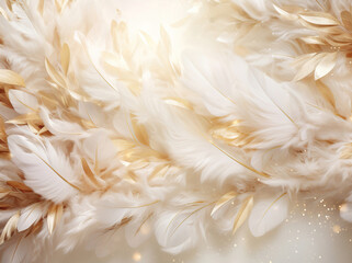 fluffy swan feathers on a golden background. copy space - 738291766