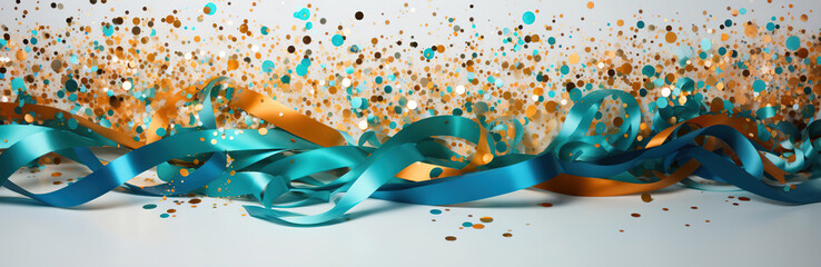 festive background with blue ribbon and confetti . - 738291795