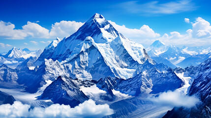 Beautiful view of mount Everest. Mountain landscape with snow and clear blue sky, Himalayas, Nepal. 