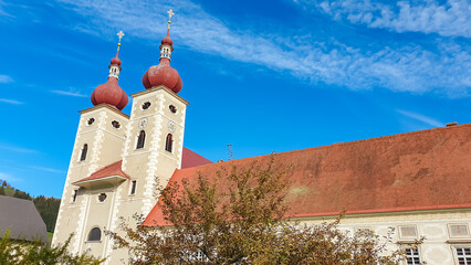 Exterior view of Benedictine monastery Saint Lambrecht Abbey in nature reserve Grebenzen, Styria,...