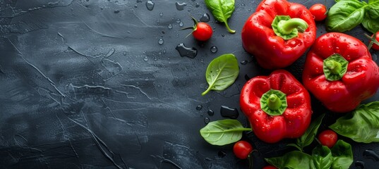 Fresh red bell peppers with water drops   vibrant vegetable background for culinary designs - Powered by Adobe