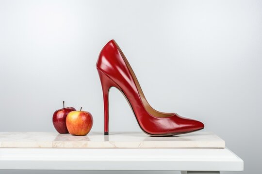 Red, women's shoe, footwear, pedestal, airy, image of a light woman, Fruit apple, apple, WOMEN'S style, femininity, confidence,