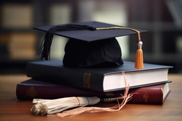 Graduation cap and tassel neatly placed on top of hardbound books on a wooden table, symbolizing academic success, blurred background