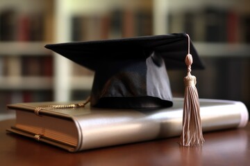 Graduation cap rests atop a leather bound book on table, symbolizing the completion of educational endeavors, blurred background - Powered by Adobe