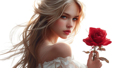 A young female with long blonde hair and blue eyes wearing a white dress and holding a red rose on transparent background. 