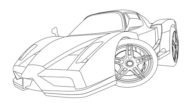 Coloring page. Line drawing of a car. Supercar in cartoon style. A powerful car. Coloring book for children on a transparent background.	