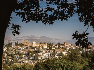 View of the historical Albaicin district of Granada from the Generalife gardens of Alhambra