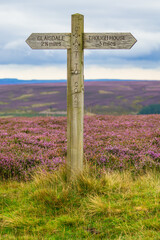 North Yorkshire Moors, signpost to Glaisdale and Trough House, part of the Coast to Coast long distance walk.  North Yorkshire, UK.  Horizontal. Copy space