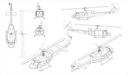 Combat military helicopter us army. Fighting vehicle during the Vietnam War. Blueprint with projections and isometry on a transparent background. Scale model.	