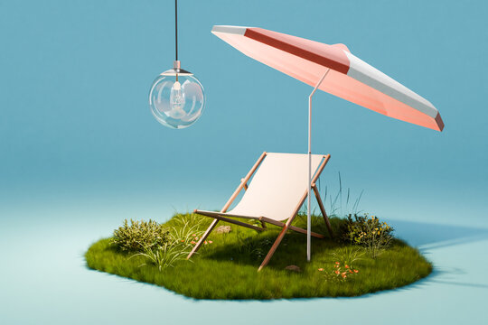Holiday idyll with sun lounger and parasol on a small grassy area isolated on infinite background; hanging lamp global warming concept; 3D rendering