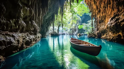 Tuinposter tourists on boat in a turquoise water in a cave. Khao Sok National Park, Thailand.  © korkut82