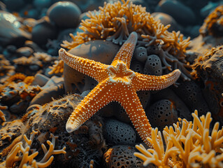 an orange starfish over a coral bed