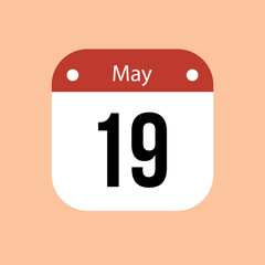 19 May calendar vector icon. Red May date for the days of the month and the week on a light background