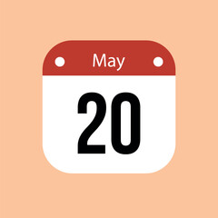 20 May calendar vector icon. Red May date for the days of the month and the week on a light background