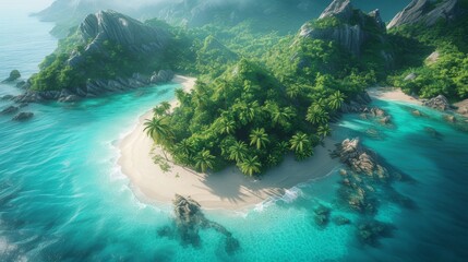 Remote Island Paradise: A secluded tropical island with crystal-clear waters, white sandy beaches, and lush greenery, ideal for beach and vacation themes.