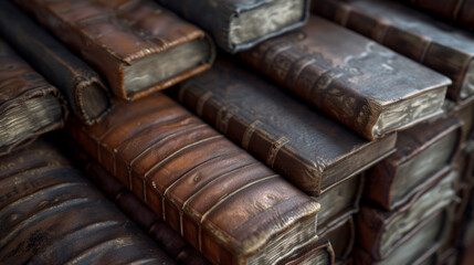 A row of weathered, leather-bound journals with worn-out pages, chronicling untold stories - obrazy, fototapety, plakaty
