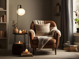 Luxe Literary Nook: A Well-Lit Reading Corner Retreat with Comfortable Chair, Blanket, and Bookstack, generative AI