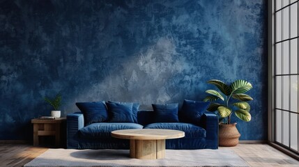 Beautiful modern minimalist interior with plaster texture panels on the walls. Living room with a dark blue sofa