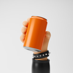 Rocker cartoon hand holding aluminum soda can isolated over white background. 3d rendering.