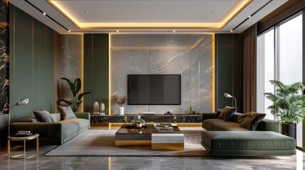 Modern minimalist living room in classic style. Dark green and gold tones