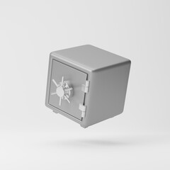 Falling metallic safe box isolated over white background. 3d rendering.