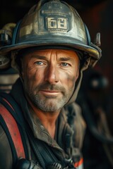 Fototapeta premium Experienced firefighter in full gear with a well-worn helmet poses for a portrait, exuding competence and readiness