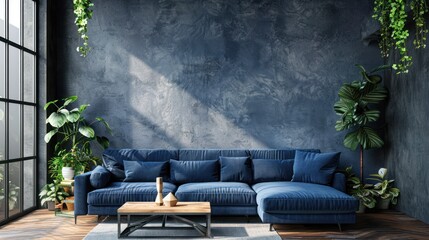 Beautiful modern minimalist interior with plaster texture panels on the walls. Living room with a dark blue sofa - obrazy, fototapety, plakaty