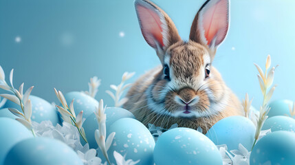Fototapeta na wymiar An adorable Easter bunny rabbit surrounded by several blue painted eggs, creating a delightful scene against a pastel light blue background