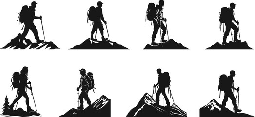 man hiking mountain with stick silhouette. Silhouette of hiker, Hiking Mountaineering, hiking