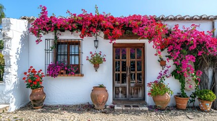 Fototapeta na wymiar Bougainvillea plants in a clay pot stands on the terrace of a classic rustic Spanish house