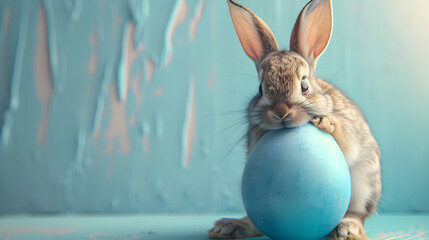 A captivating image of a cute Easter bunny rabbit playfully peeking out from behind a large blue painted egg on a gentle light blue surface - obrazy, fototapety, plakaty