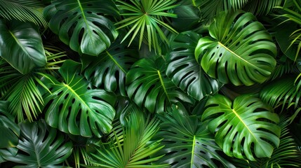 Abstract background of green palm leaves, flat lay