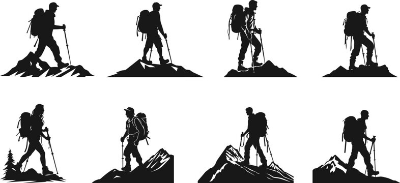 man hiking mountain with stick silhouette. Silhouette of hiker, Hiking Mountaineering, hiking