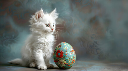 A charming white kitten sitting beside an intricately painted egg against a serene, unfussy background