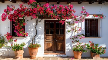 Bougainvillea plants in a clay pot stands on the terrace of a classic rustic Spanish house