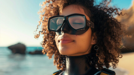 woman with curly hair with eyes closed in a bulky black rubber drysuit and wearing a sleek black scuba diving mask. - obrazy, fototapety, plakaty