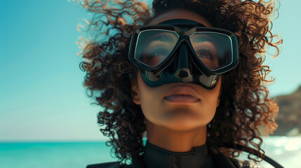 woman with curly hair with eyes closed in a bulky black rubber drysuit and wearing a sleek black scuba diving mask.