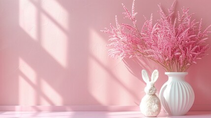 Dried pink plants bunnies ponytails stand in a white abstract vase shape on a minimalist light background - Powered by Adobe
