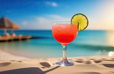 Mocktail on light beach background. The ice drink in the beach.